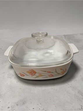 Corning Ware Peach Floral VTG 2L Casserole Dish A-2 -B w/ Pyrex Lid